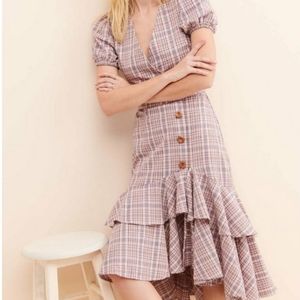 Anthropologie English Factory Plaid Puff Sleeves Ruffle Hem Midi Dress
